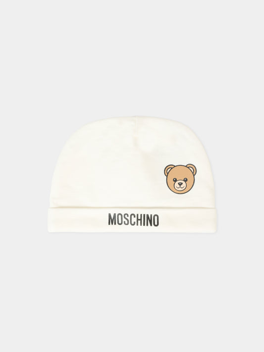 Berretto avorio per neonati con Teddy Bear,Moschino Kids,MUX05L LCA40 10063