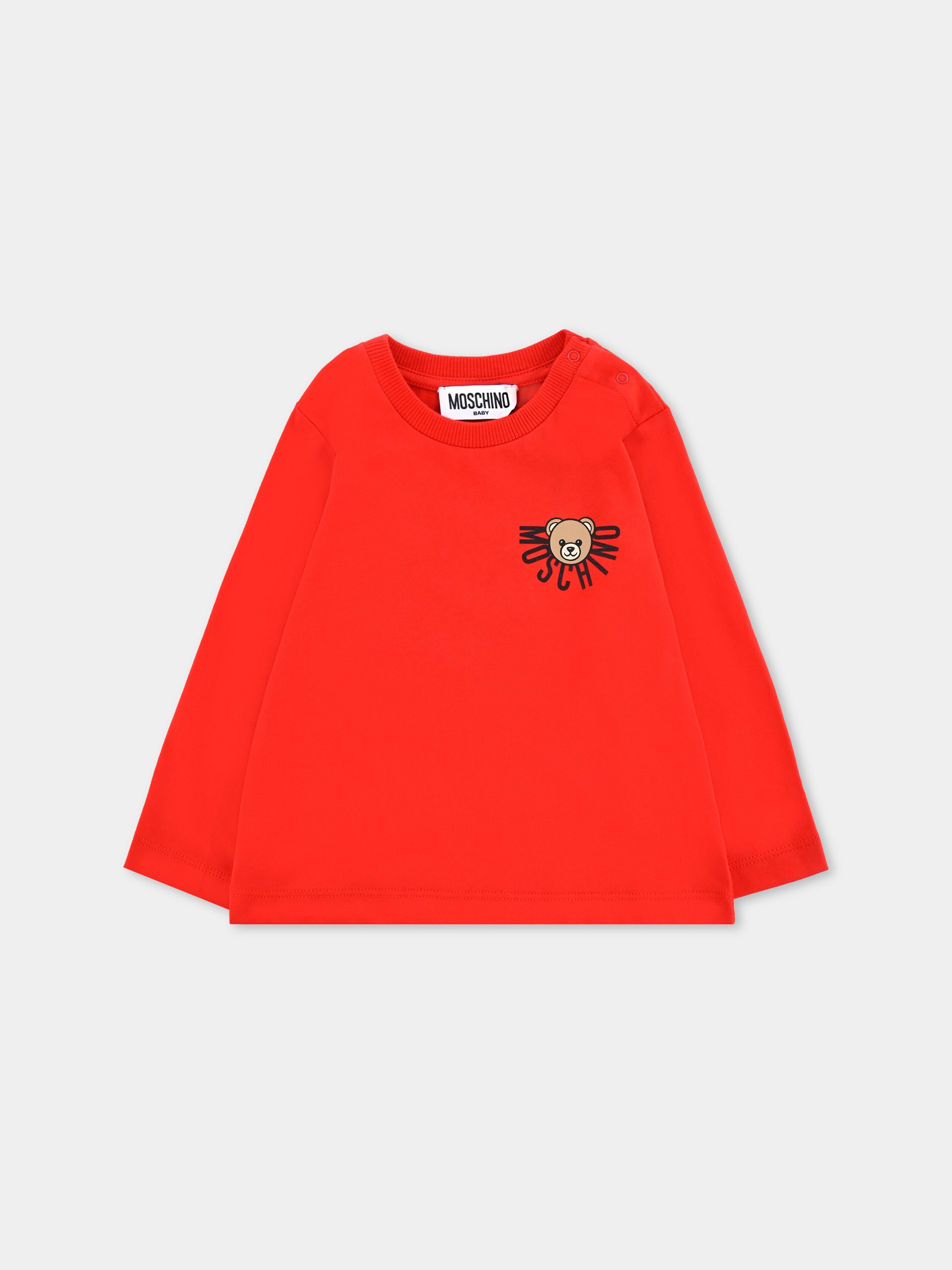 T-shirt rossa per neonati con logo e Teddy Bear,Moschino Kids,MVO00R LAA10 50109