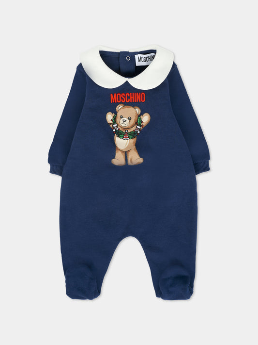 Tutina blu per neonato con Teddy Bear e ghirlanda natalizia,Moschino Kids,MYY037 LCA14 40016