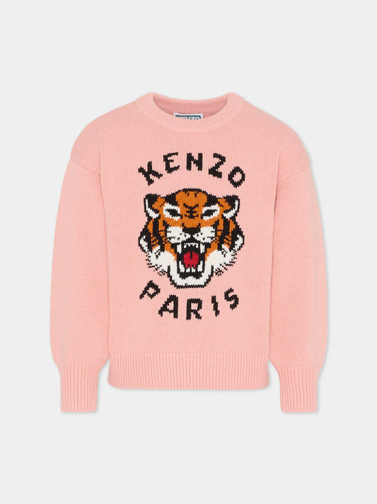 Maglione rosa per bambina con Lucky Tiger,Kenzo Kids,K61334 47H