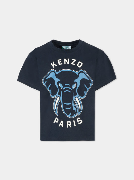 T-shirt blu per bambino con elefante,Kenzo Kids,K61446 845