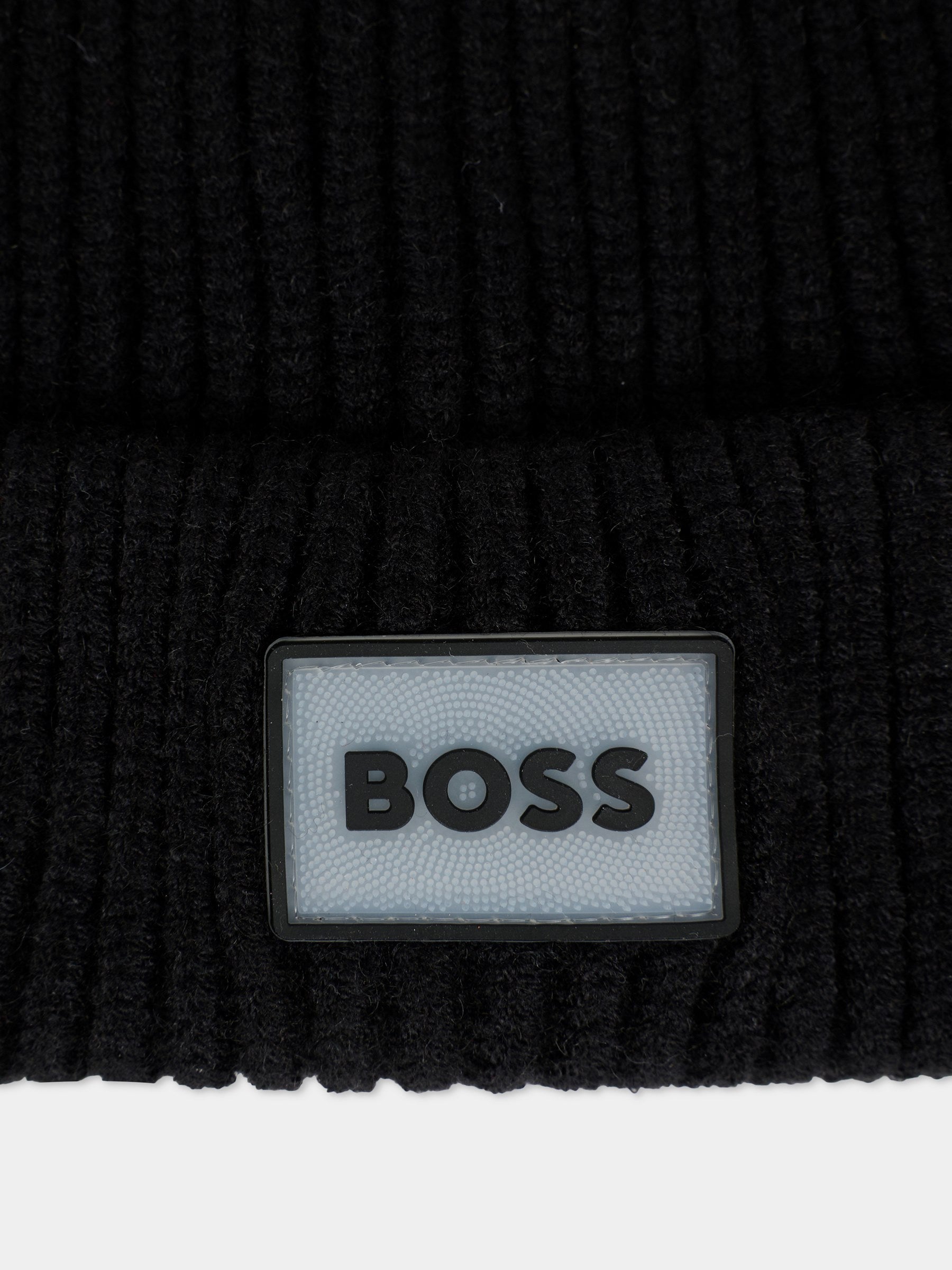 Berretto nero per bambino con patch,Boss,J52618 09B