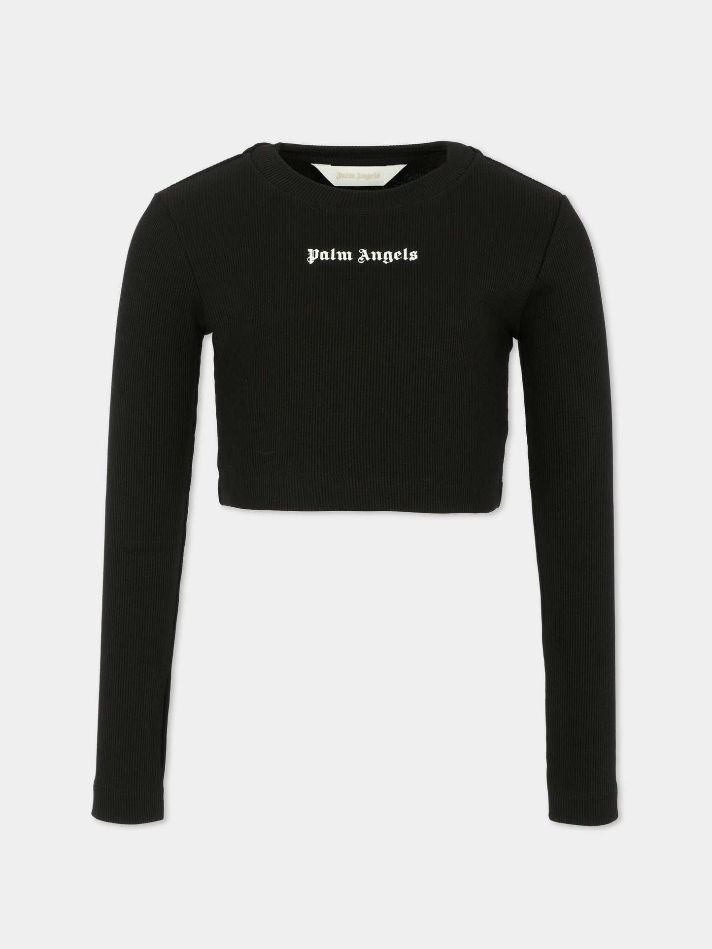 T-shirt crop nera per bambina con logo,Palm Angels,PGAB006F25JER0011003