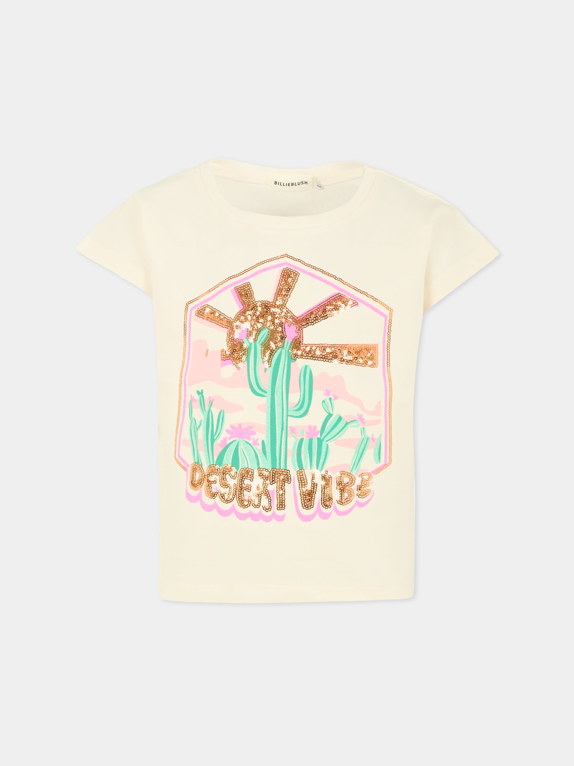 T-shirt avorio per bambina con cactus,Billieblush,U21422 121