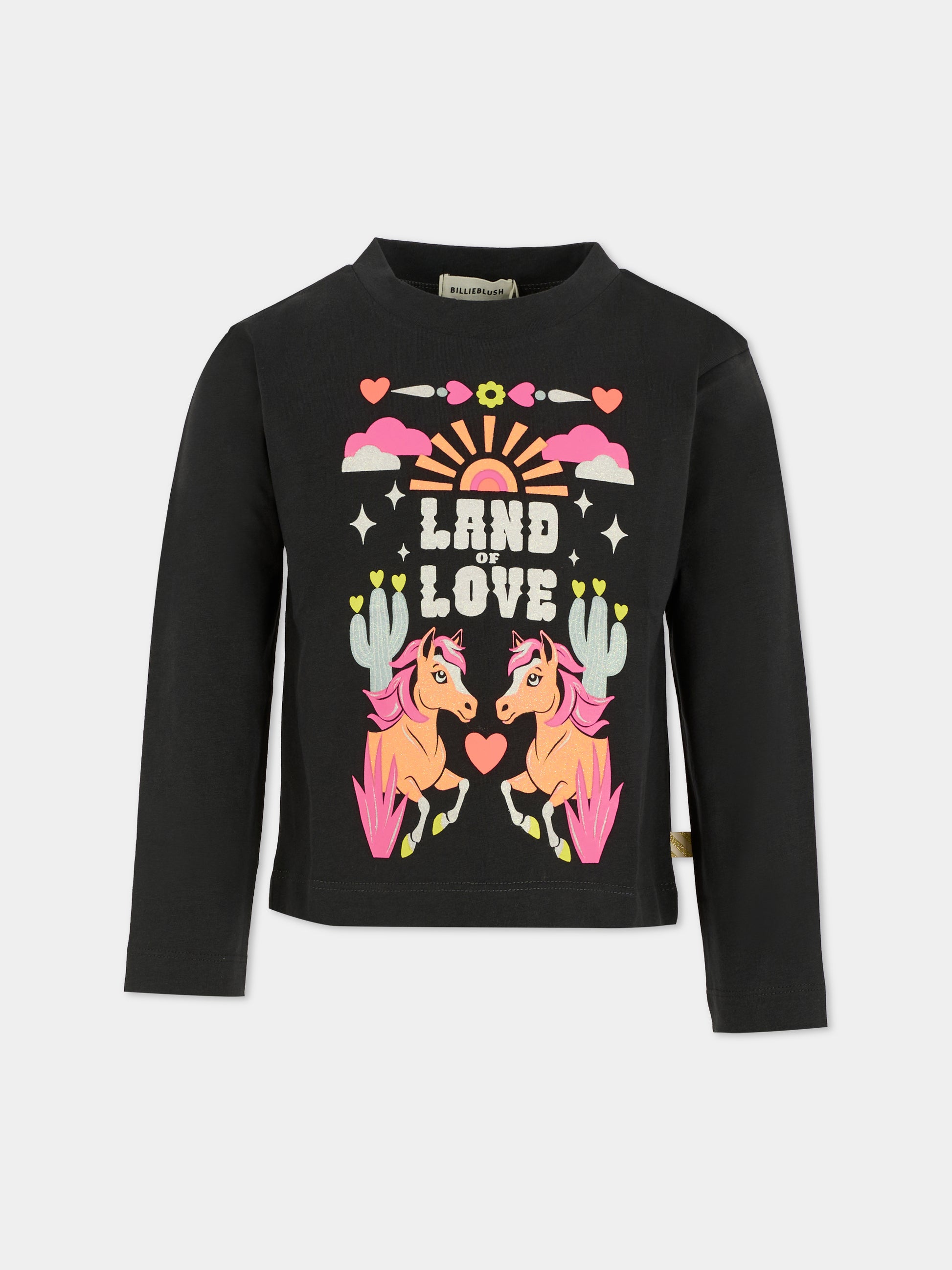 T-shirt nera per bambina con cavalli,Billieblush,U21426 062