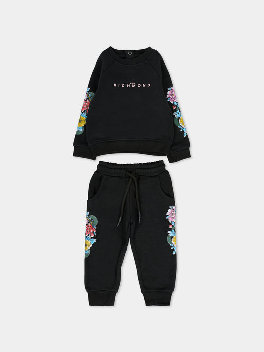 Completo nero per neonata con motivo floreale,Richmond,RIA25065CF BLACK