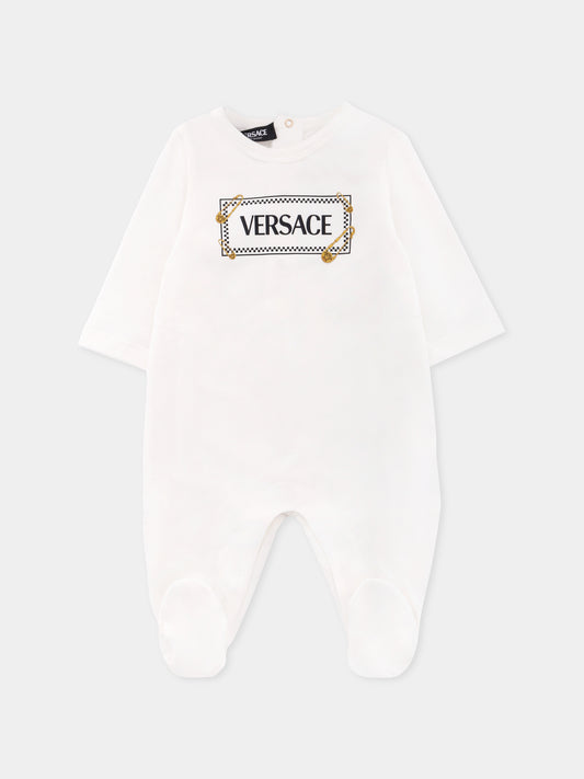 Tutina bianca per neonati con '90 Vintage Logo e spille,Versace,1021008 1A15221 6W010