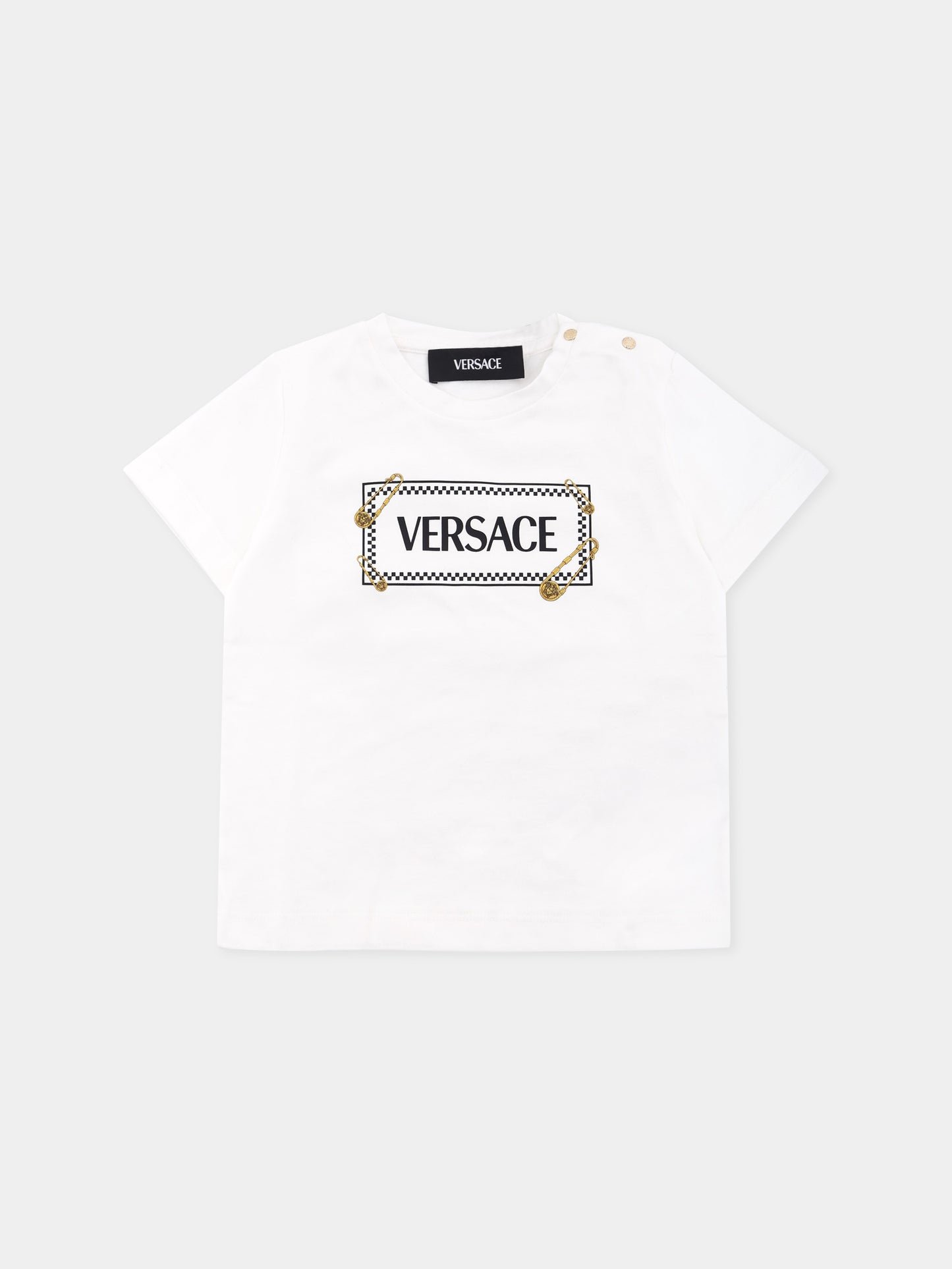 T-shirt bianca per neonati con '90 Vintage Logo e spille,Versace,1018570 1A14910 2W100