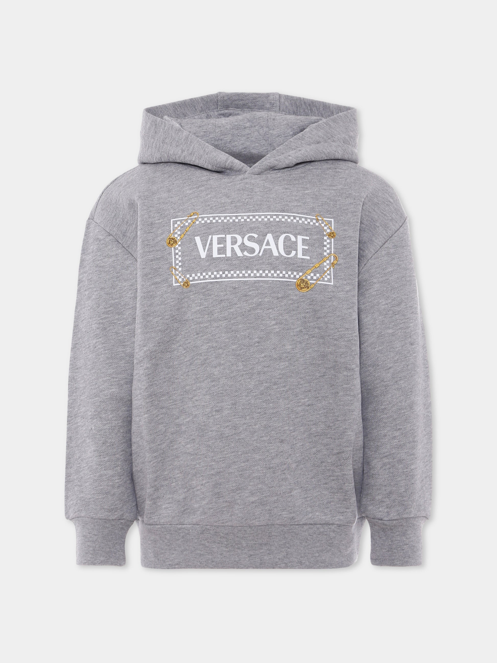 Felpa grigia con cappuccio e '90 vintage logo con spille per bambini,Versace,1018574 1A15324 2ES70