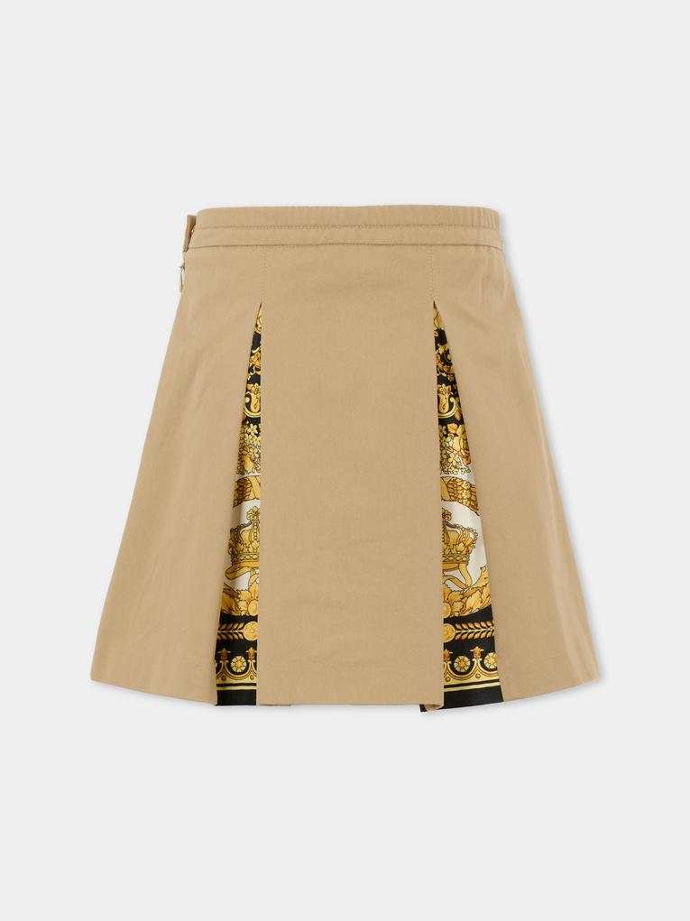 Gonna beige per bambina con stampa Barocco,Versace,1020485 1A14822 2KS40