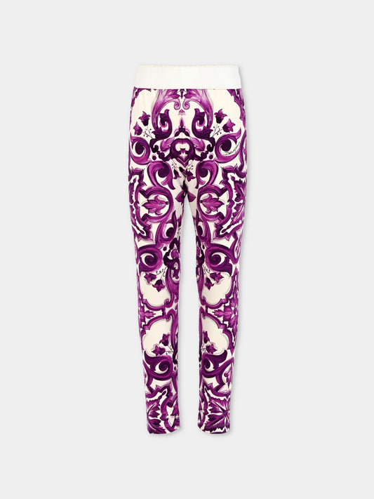 Leggings viola per bambina con stampa maioliche,Dolce & Gabbana Kids,L5JP5B HPGF4 IP3TN