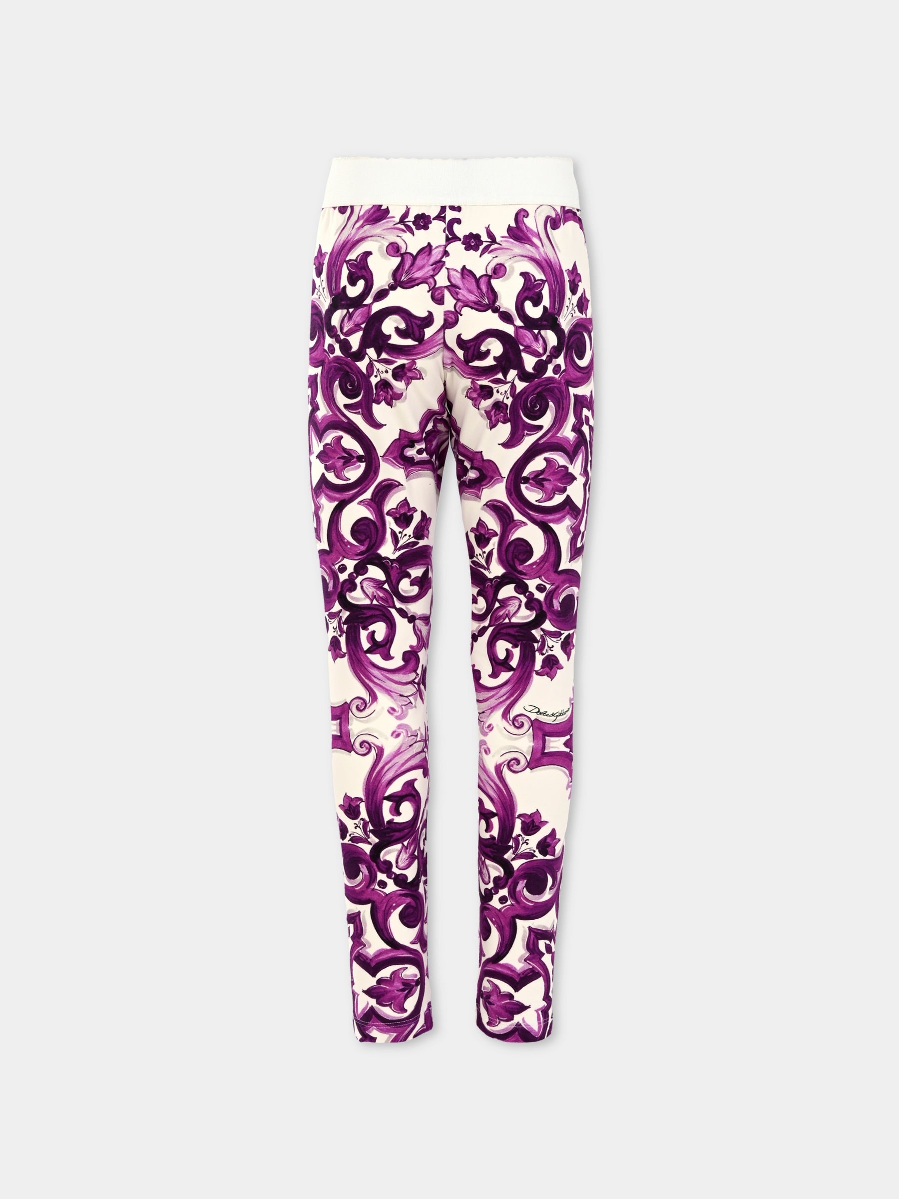 Leggings viola per bambina con stampa maioliche,Dolce & Gabbana Kids,L5JP5B HPGF4 IP3TN