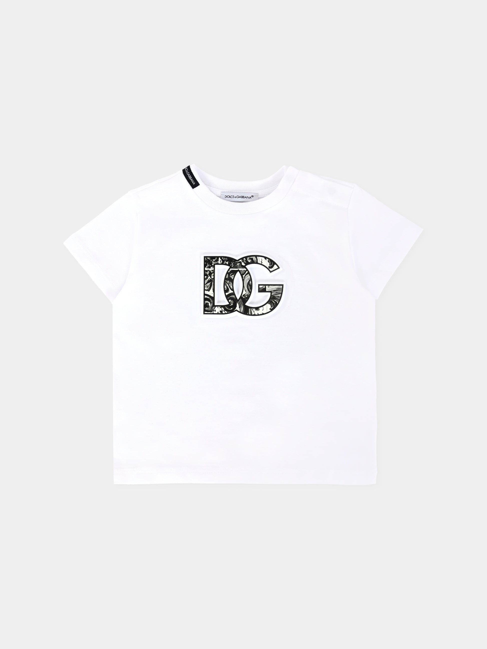 T-shirt bianca pr neonato con stampa maioliche e logo DG,Dolce & Gabbana Kids,L1JTEY G7NVC W0800