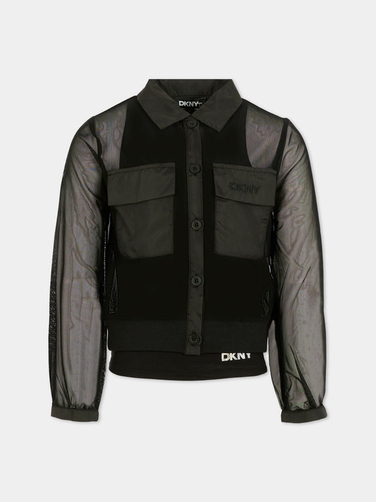 Camicia nera per bambina con logo,Dkny,D62352 09B