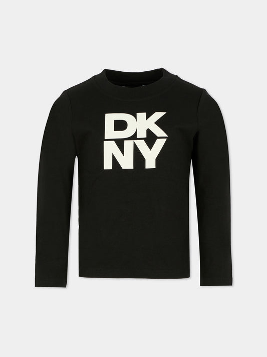 T-shirt nera per bambina con logo bianco,Dkny,D62457 09B