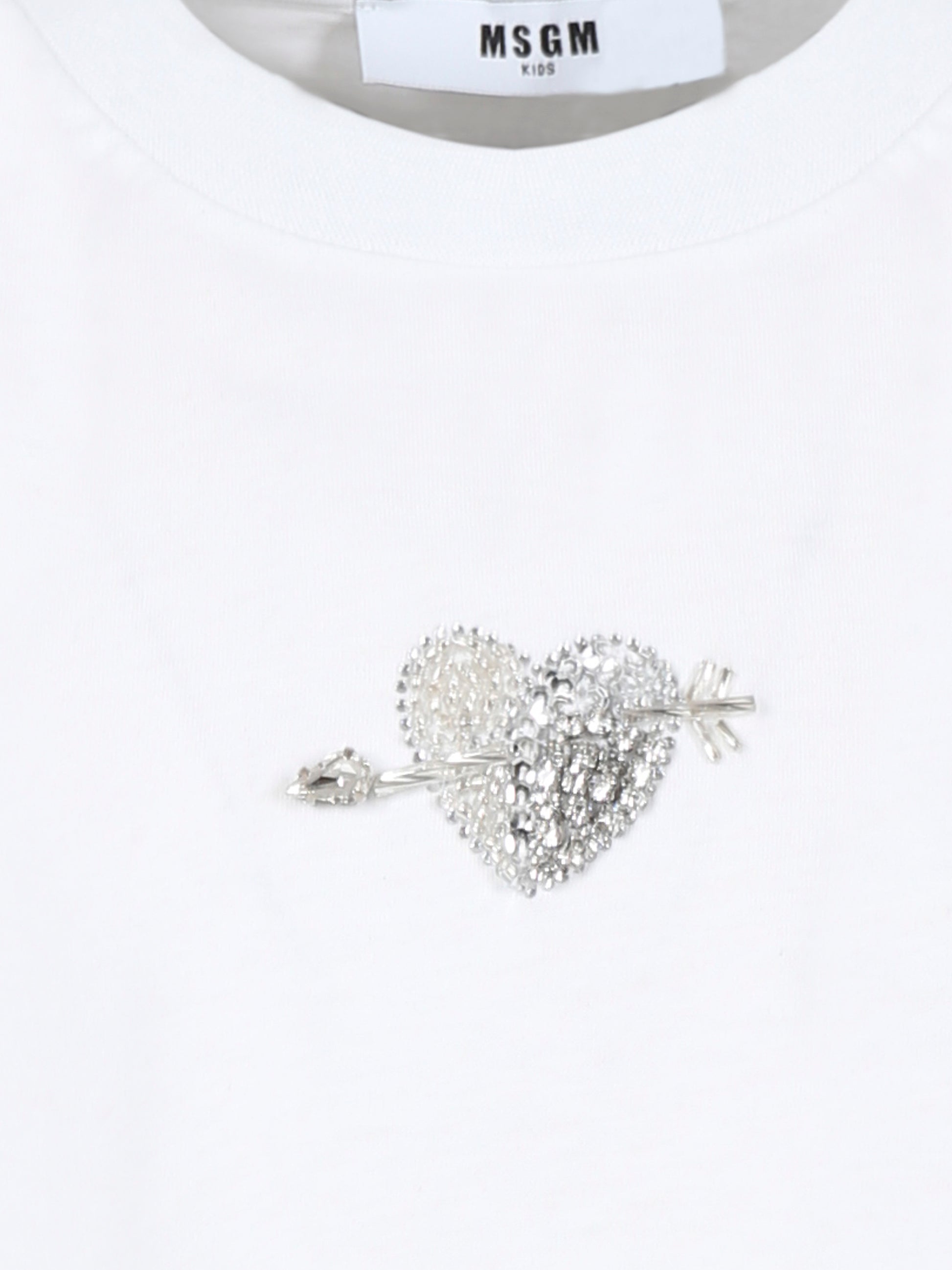 T-shirt bianca per bambina con cuore e cristalli,Msgm Kids,F4MSJGTH117 001