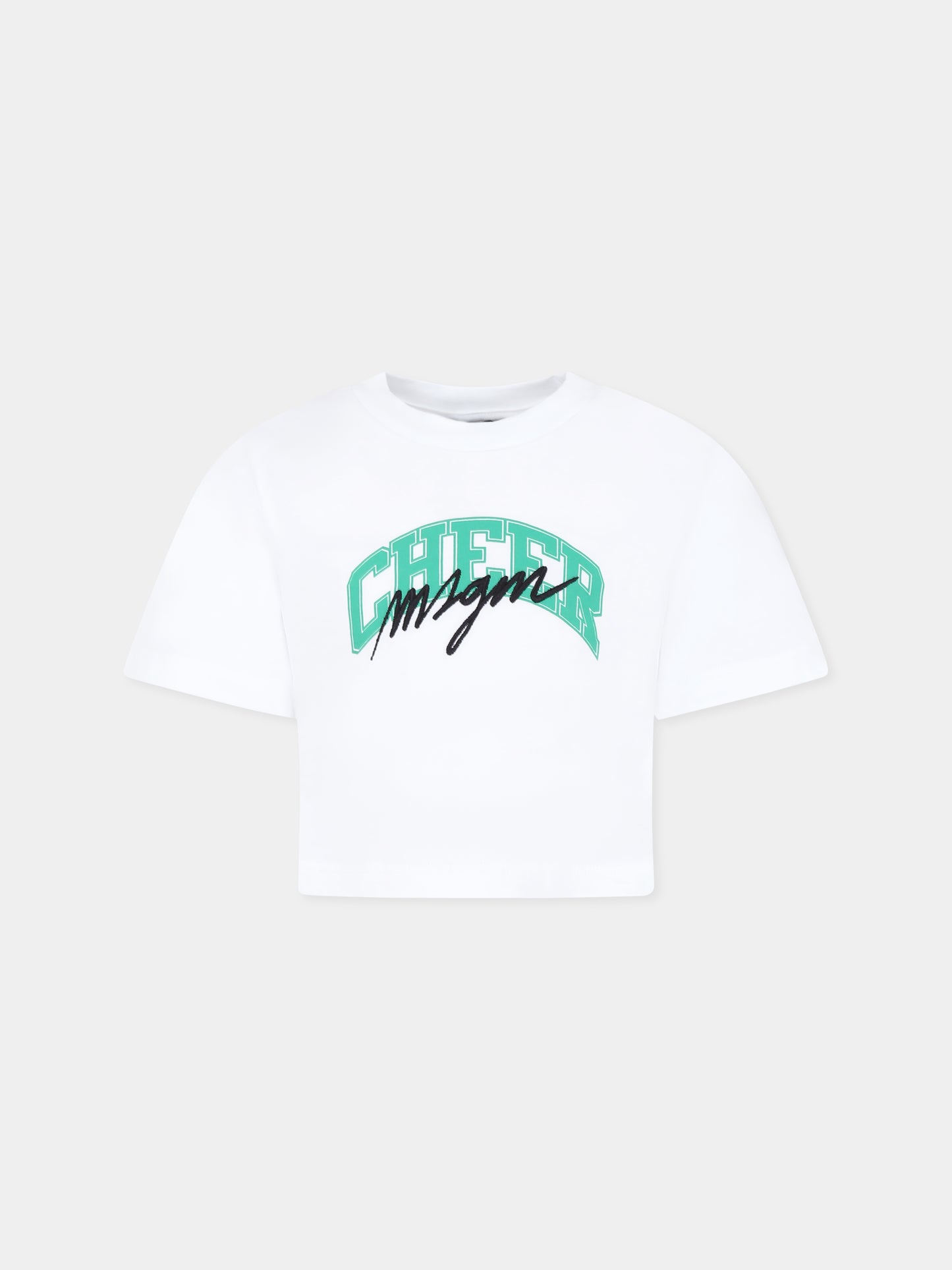 T-shirt crop bianca per bambina con logo e scritta,Msgm Kids,F4MSJGTH210 001