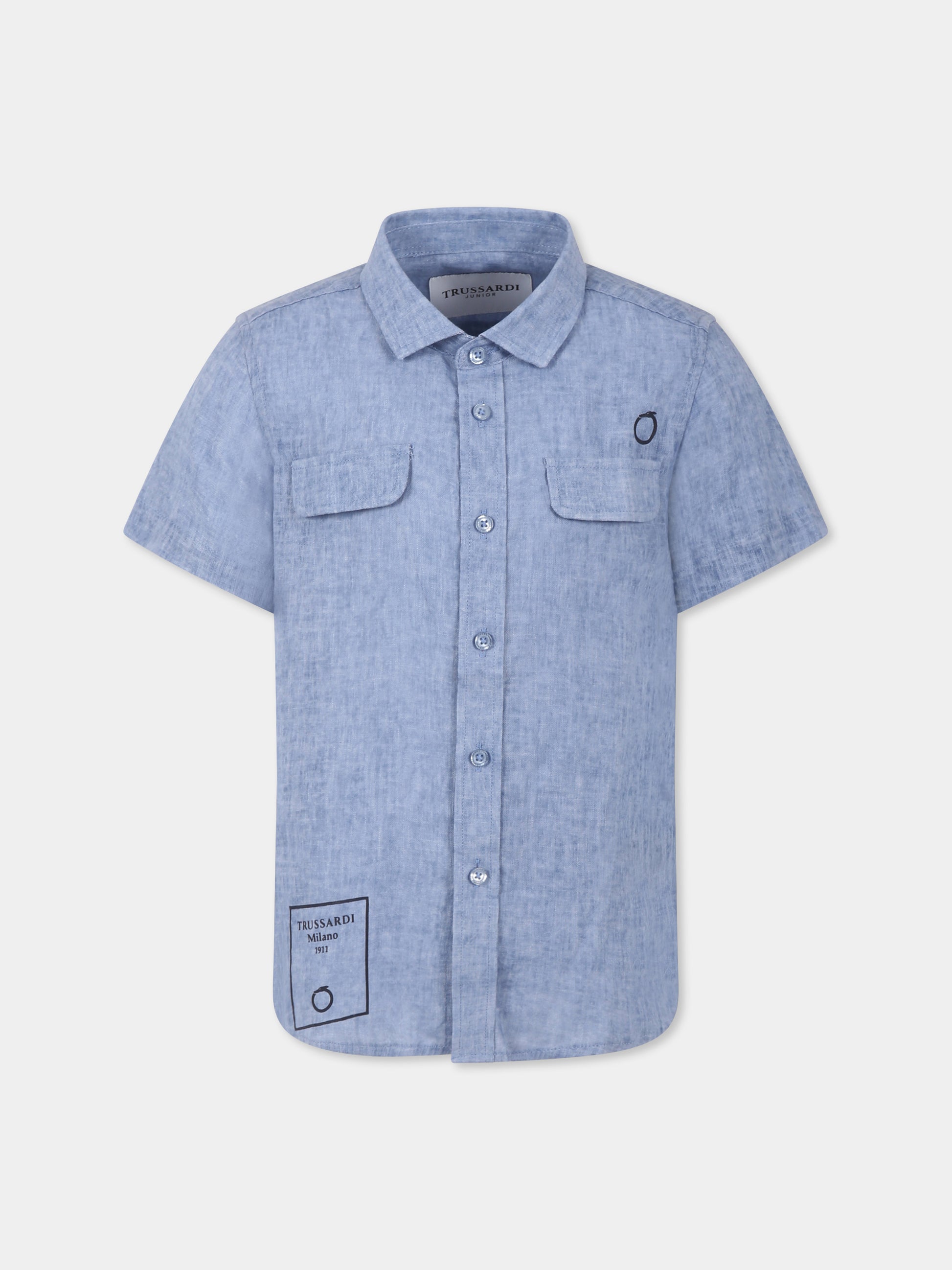 Camicia azzurra per bambino con logo,Trussardi Junior,TBP25087CA AZURE DUST