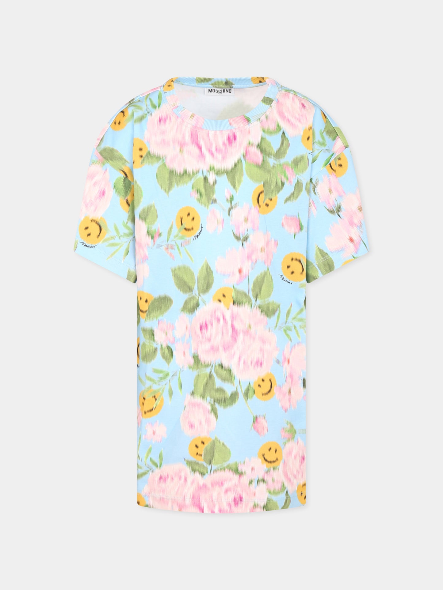Vestito azzurro per bambina con stampa floreale e smile,Moschino Kids,HDV0GQ LABA9 84436