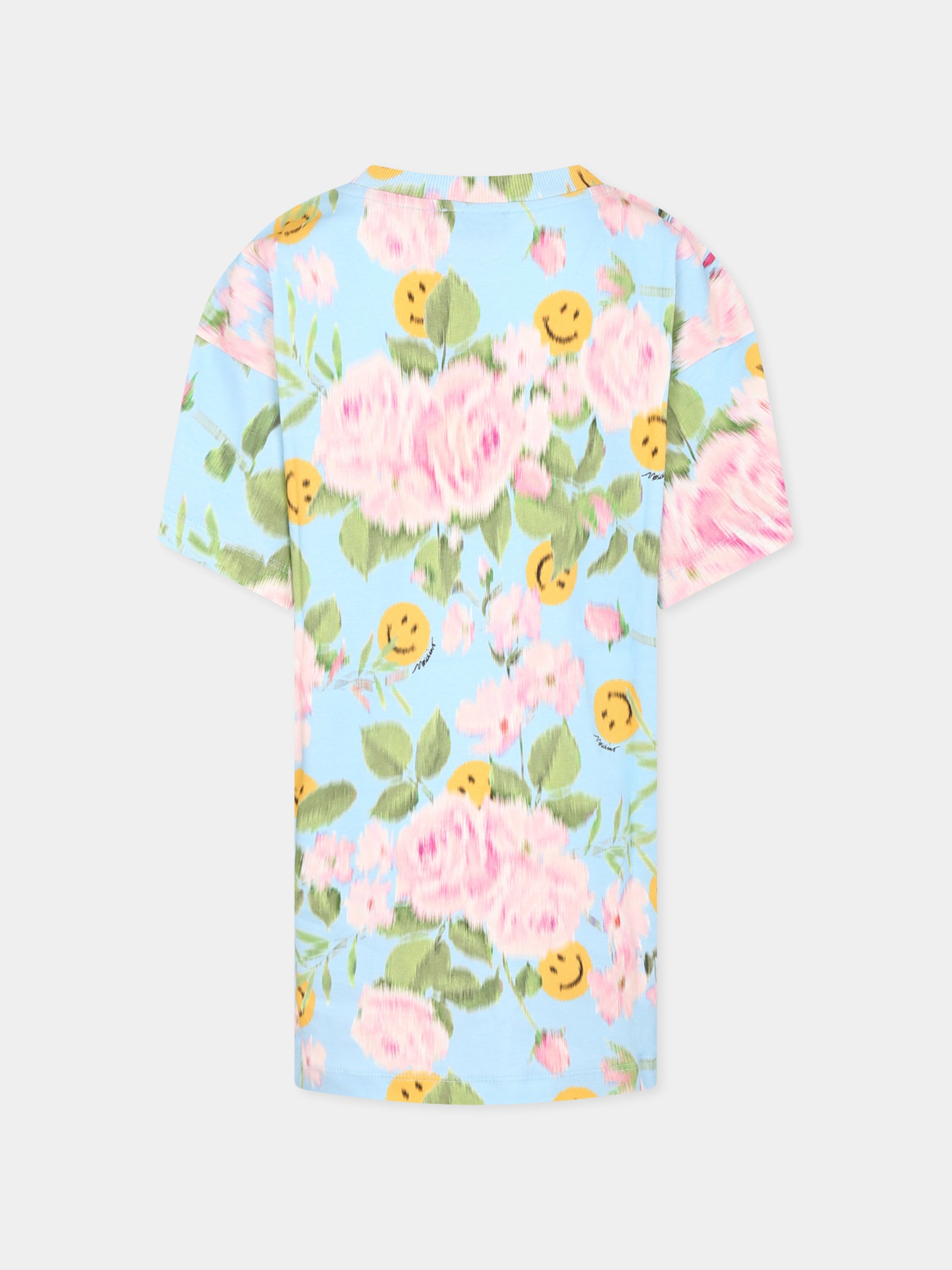 Vestito azzurro per bambina con stampa floreale e smile,Moschino Kids,HDV0GQ LABA9 84436