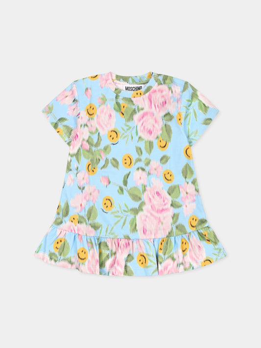 Vestito azzurro per neonata con stampa floreale e smile,Moschino Kids,MDV0CM LABA8 84436