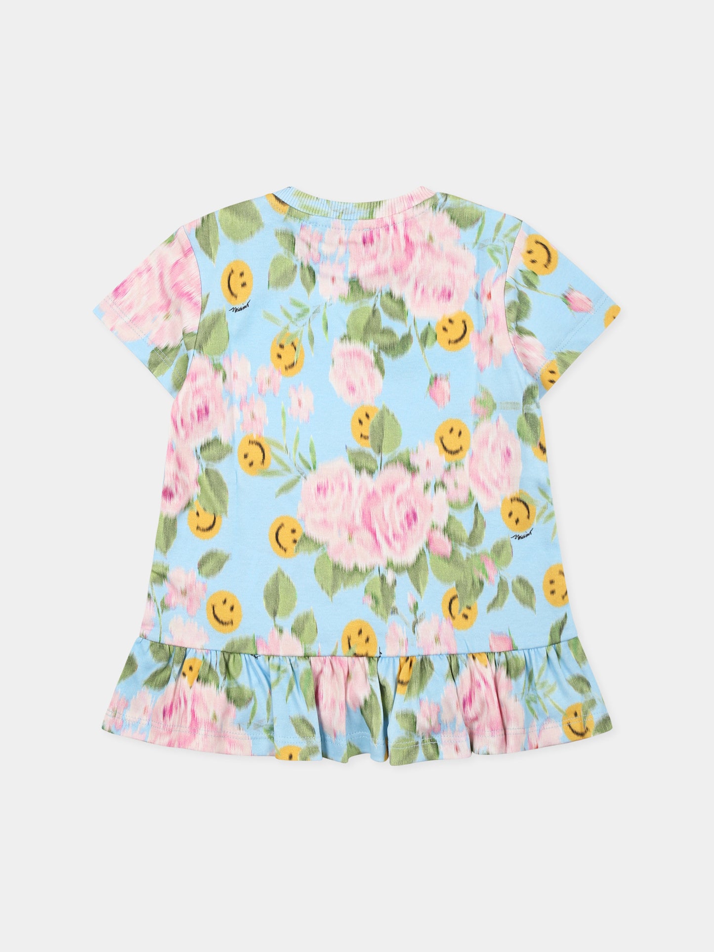 Vestito azzurro per neonata con stampa floreale e smile,Moschino Kids,MDV0CM LABA8 84436