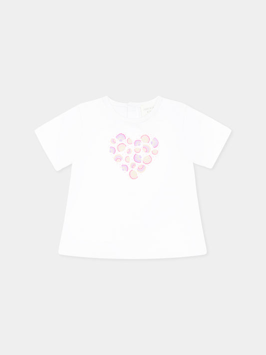 T-shirt bianca per neonata con cuore e conchiglie,Carrement Beau,Y30115 10P