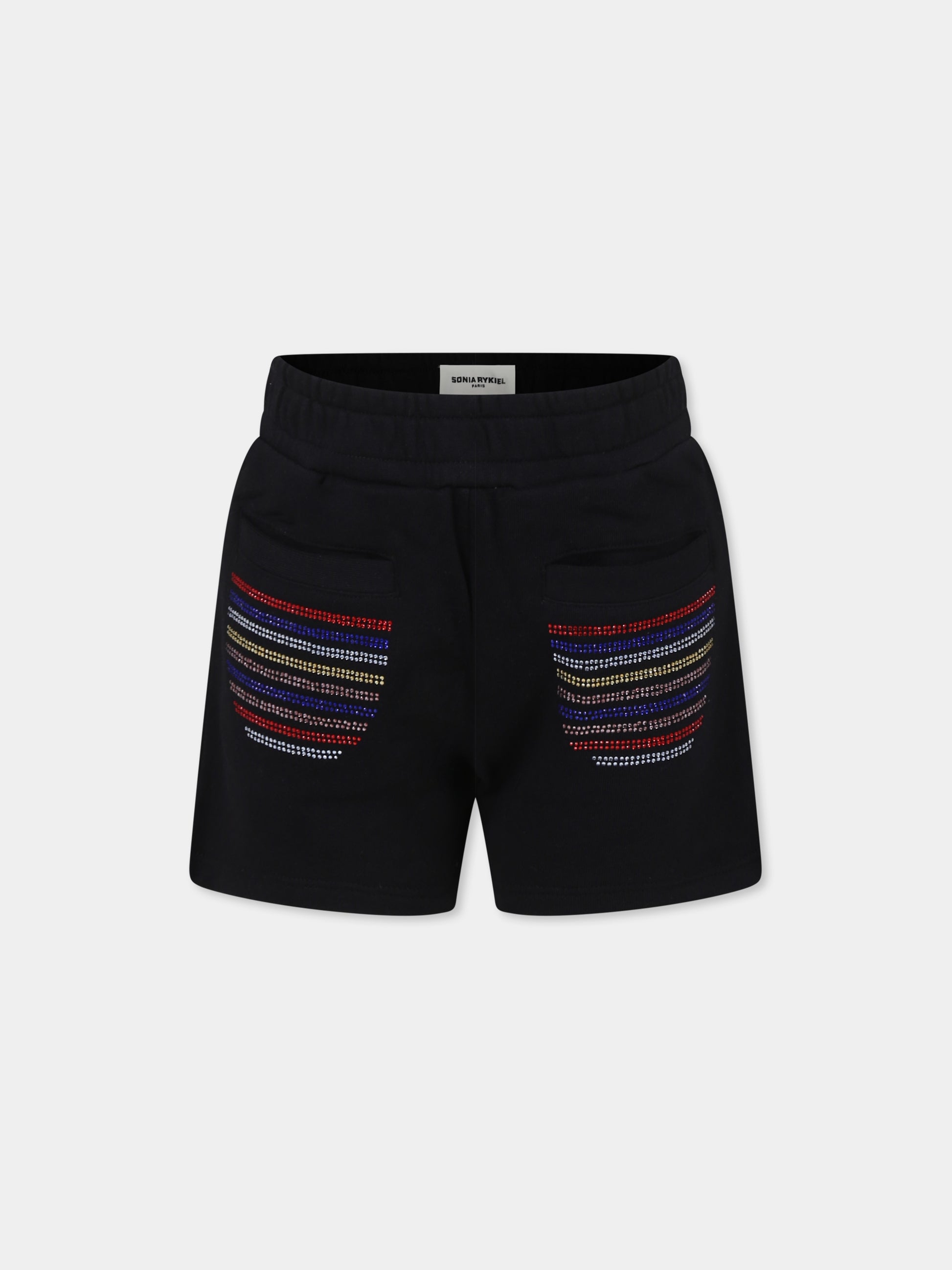 Shorts neri per bambina con logo e strass,Sonia Rykiel Paris,A00172 09B