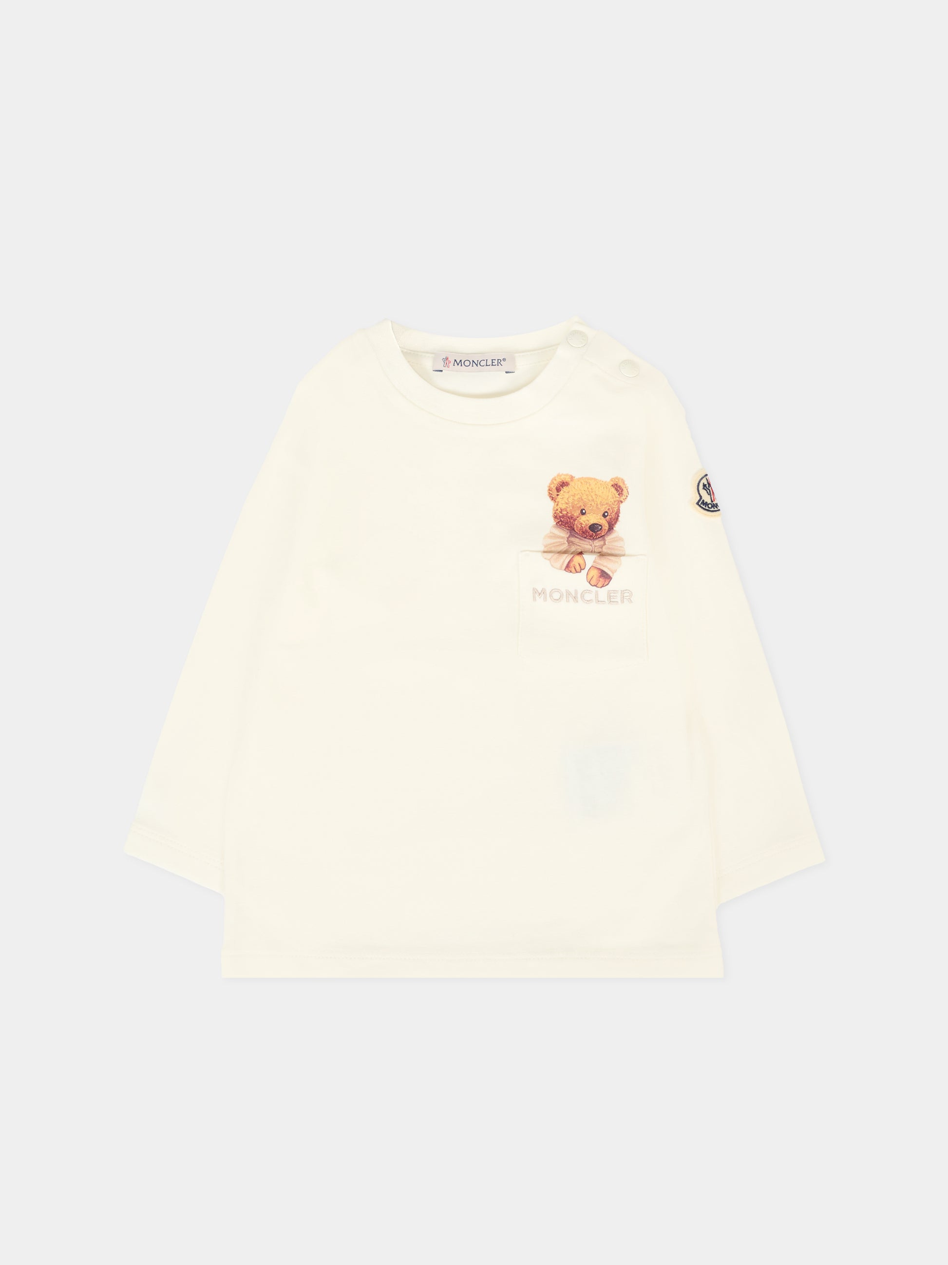 T-shirt avorio per neonato con orsetto,Moncler Kids,K2951 8D00005 89AUM 034