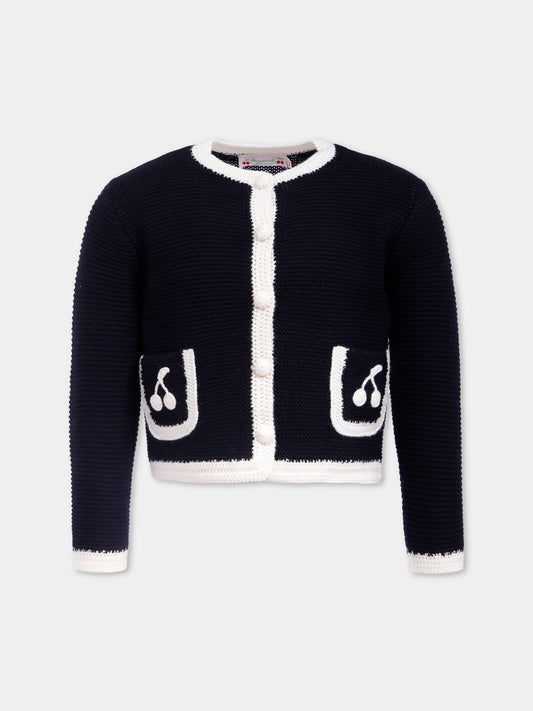 Cardigan blu per bambina con ciliegie,Bonpoint,W05GCAK00007 070