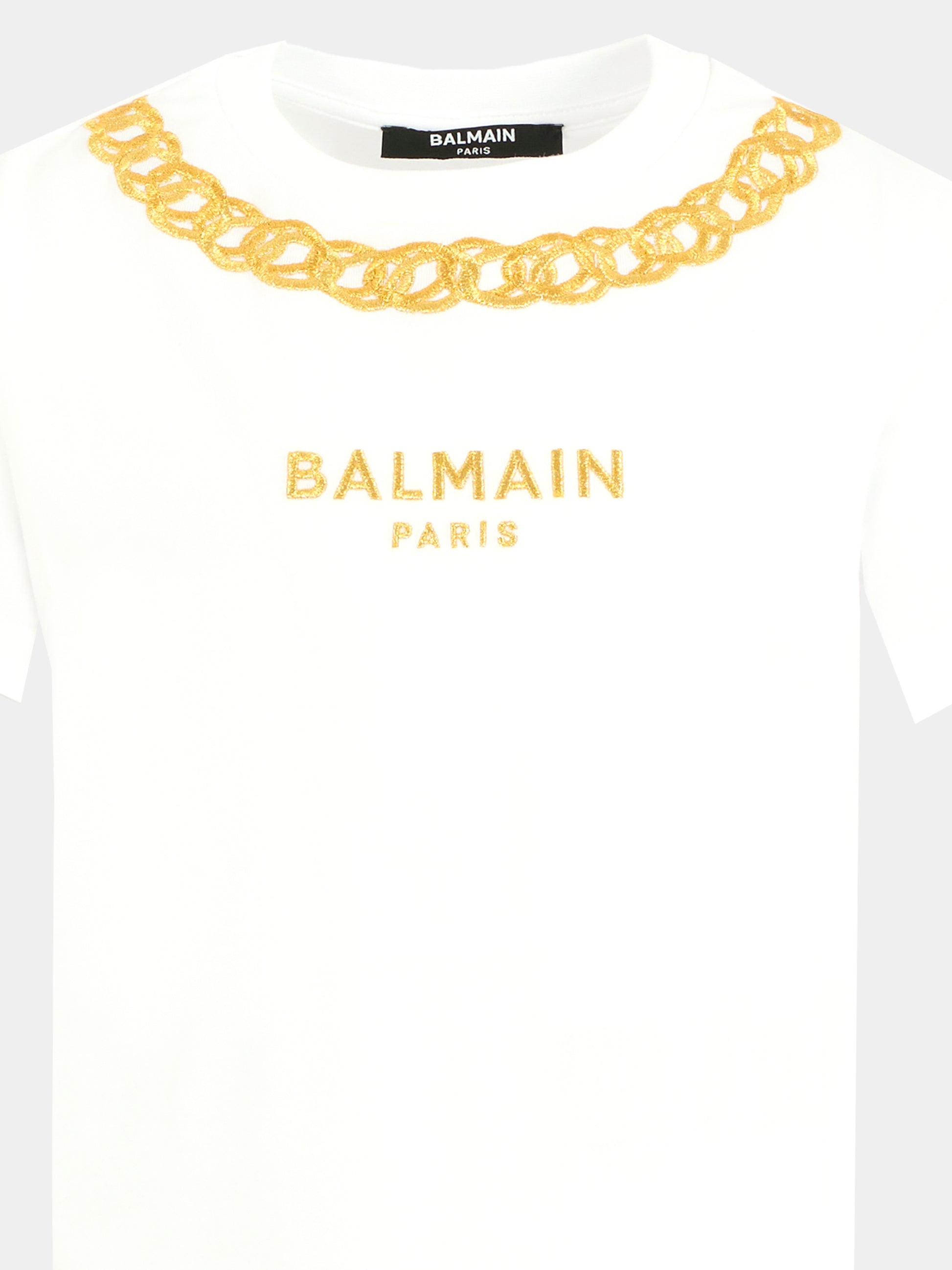 T-shirt bianca per bambina con catena e logo ricamati,Balmain Kids,BX8B71-Z3186 100OR