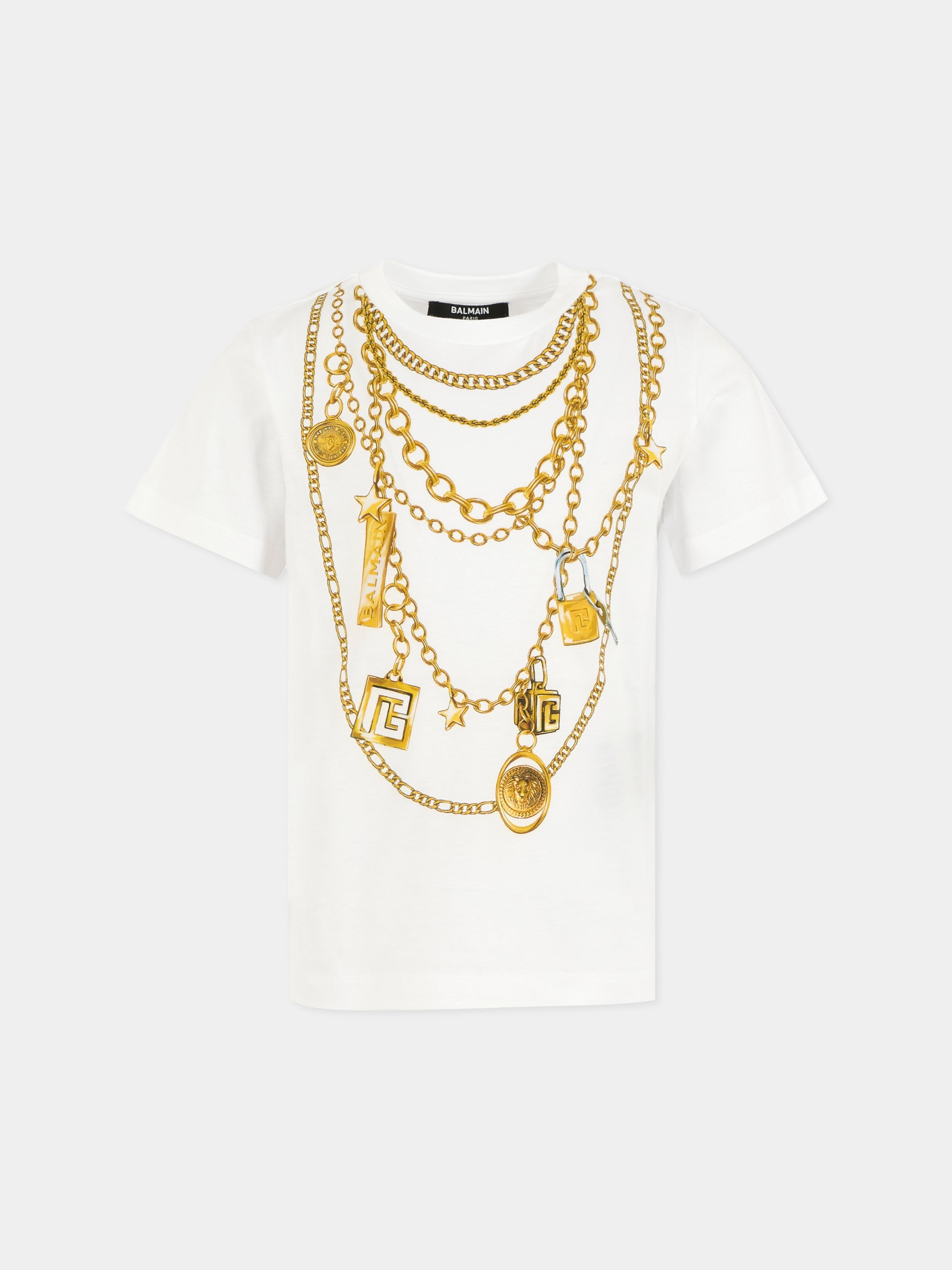 T-shirt bianca per bambina con catene,Balmain Kids,BX8C41-Z3186 100OR