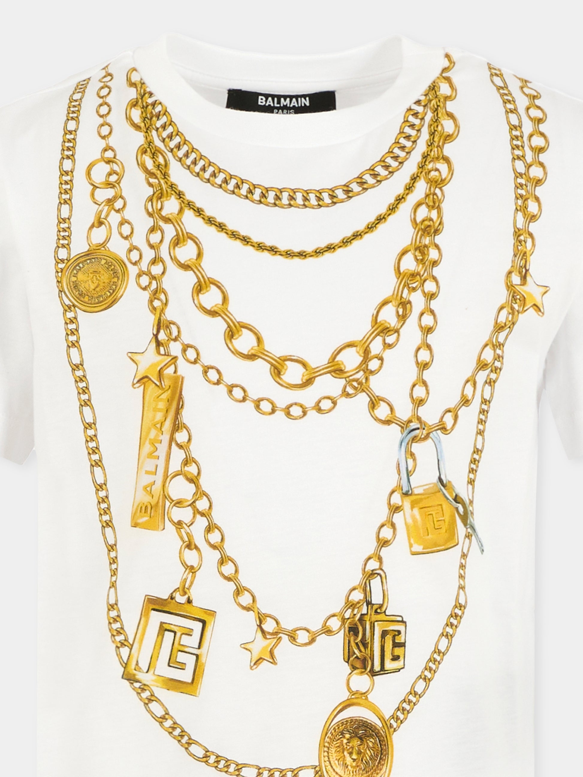 T-shirt bianca per bambina con catene,Balmain Kids,BX8C41-Z3186 100OR