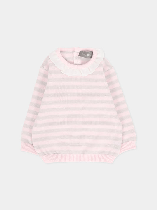 Maglione rosa per neonata con righe beige,Little Bear,2128 CIPRIA/BURRO