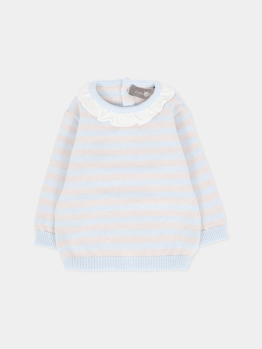 Maglione celeste per neonata con righe beige,Little Bear,2128 CIELO/BURRO