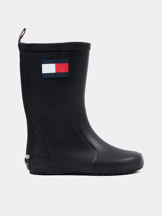 Black rain boots for kids with flag