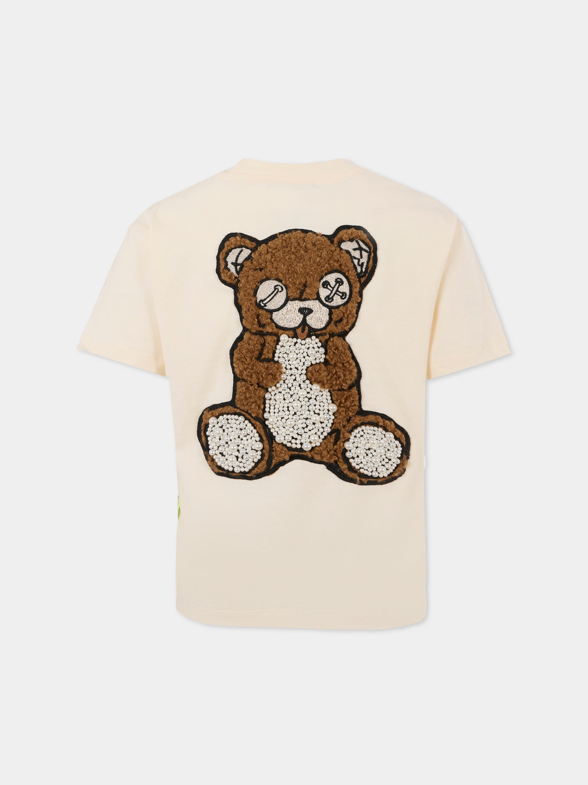 T-shirt avorio per bambina con orso e perle,Barrow,F5BKJGTH133 013