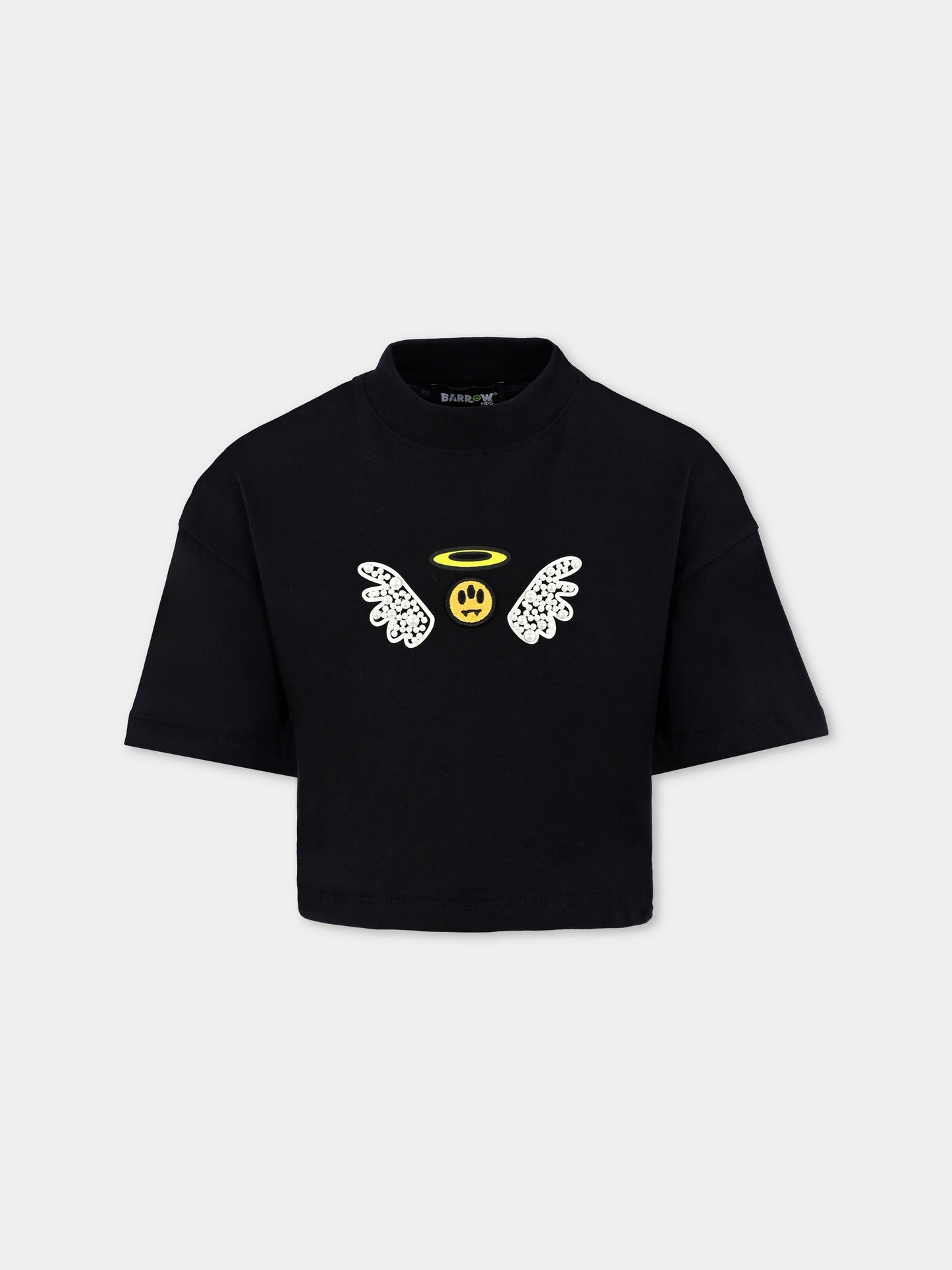 T-shirt crop nera per bambina con stampa Bear e perle,Barrow,F5BKJGTH185 110