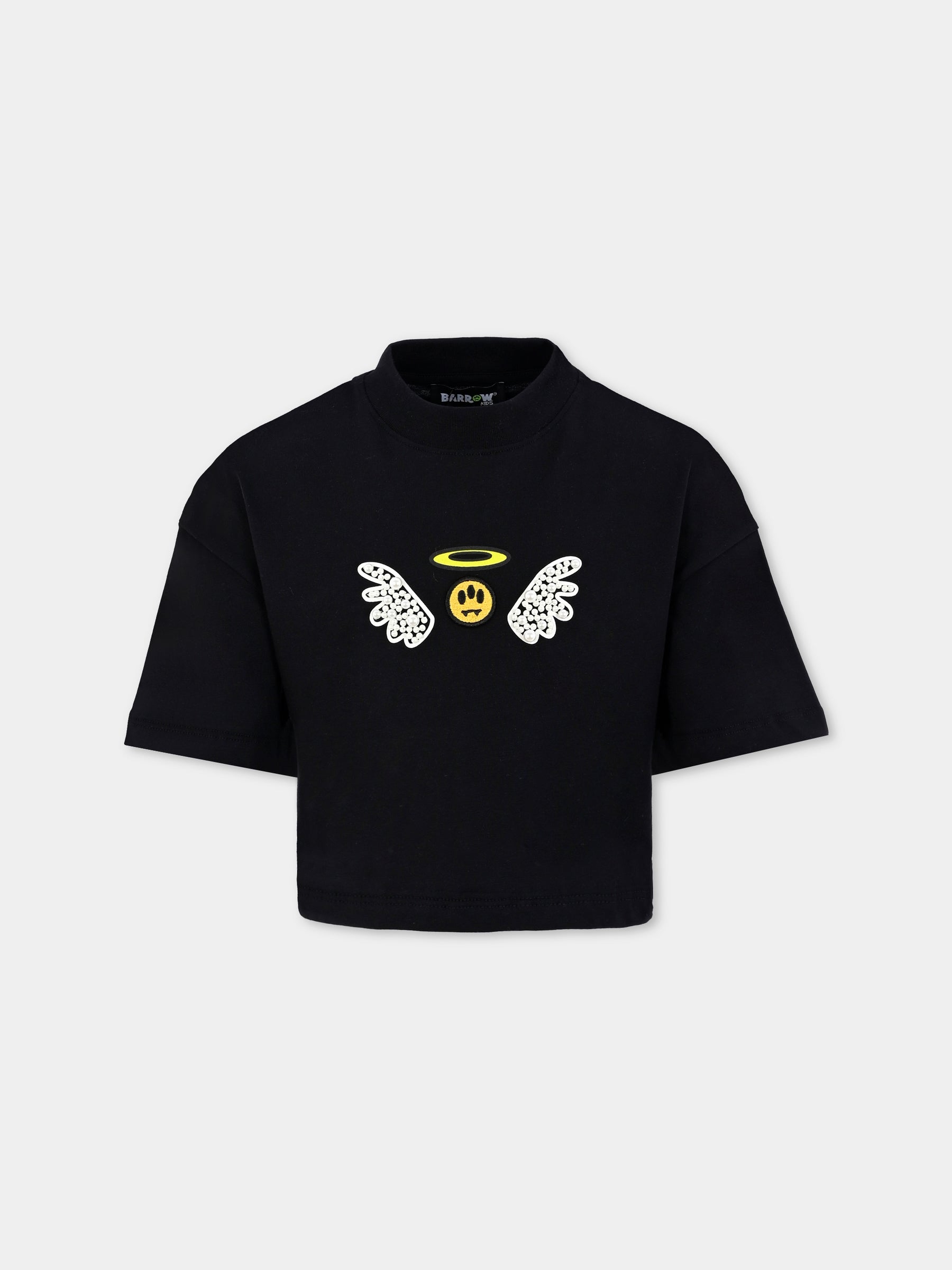 T-shirt crop nera per bambina con stampa Bear e perle,Barrow,F5BKJGTH185 110