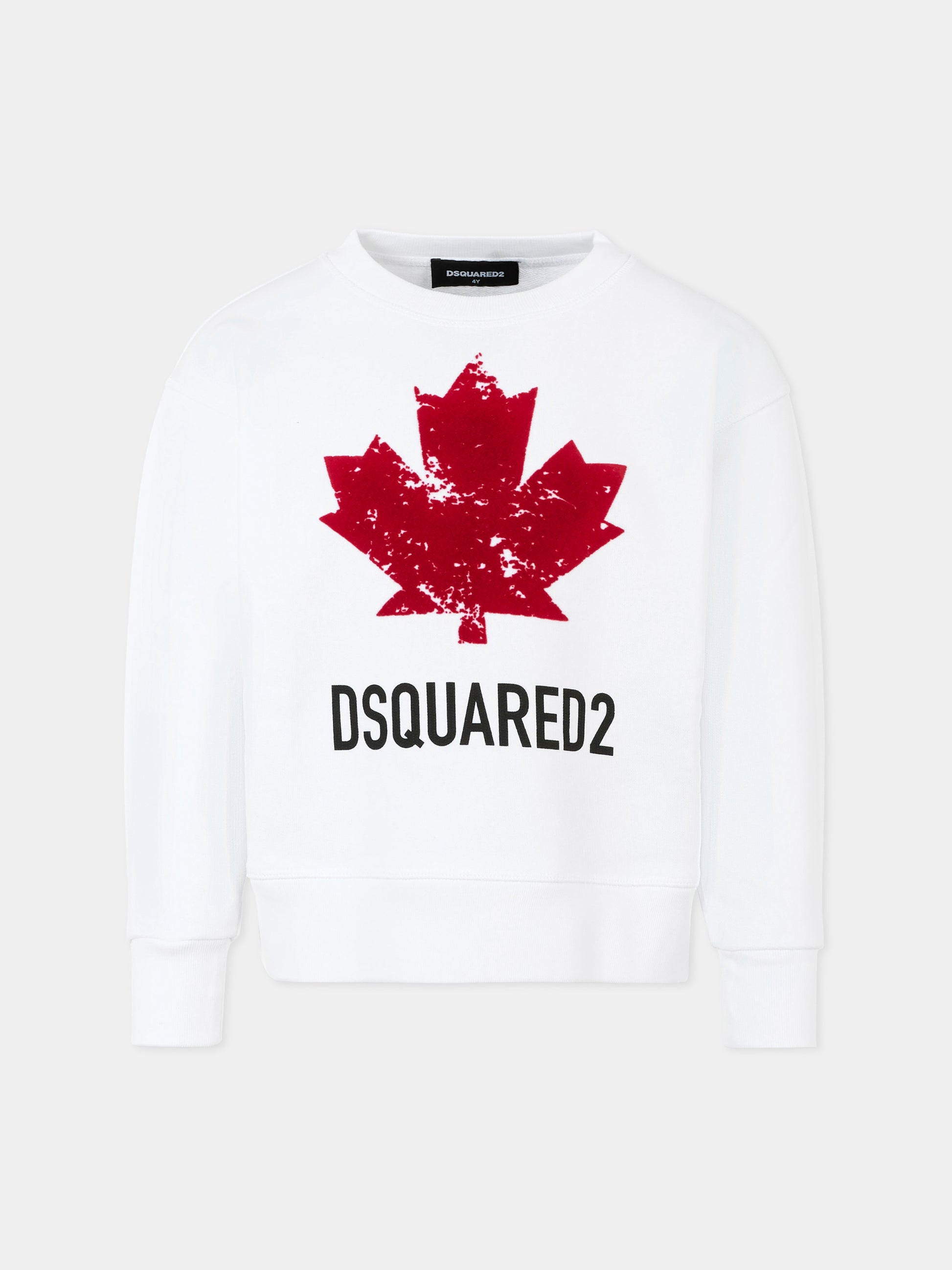 Felpa bianca per bambino con foglia d'acero,Dsquared2,DQ3005-D00ZF-DQ100