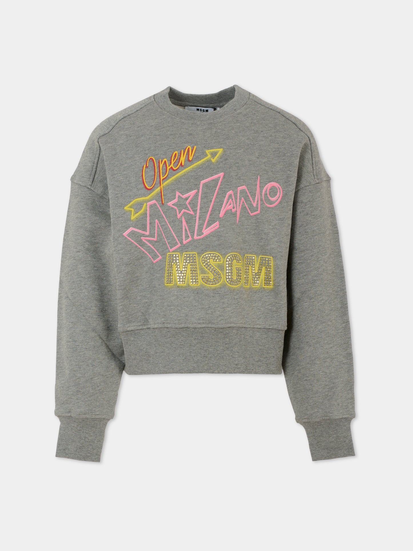 Felpa crop grigia per bambina con logo e strass,Msgm Kids,F5MSJGSW268 104