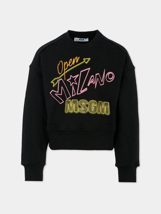 Felpa crop nera per bambina con logo e strass,Msgm Kids,F5MSJGSW268 110