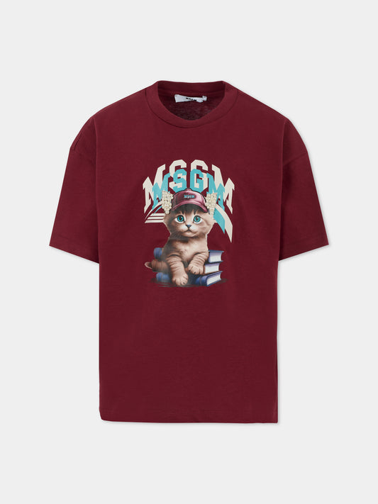 T-shirt bordeaux per bambina con gatto,Msgm Kids,F5MSJGTH120 MS034