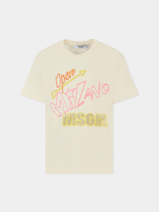 T-shirt avorio per bambina con logo e borchie,Msgm Kids,F5MSJGTH154 013