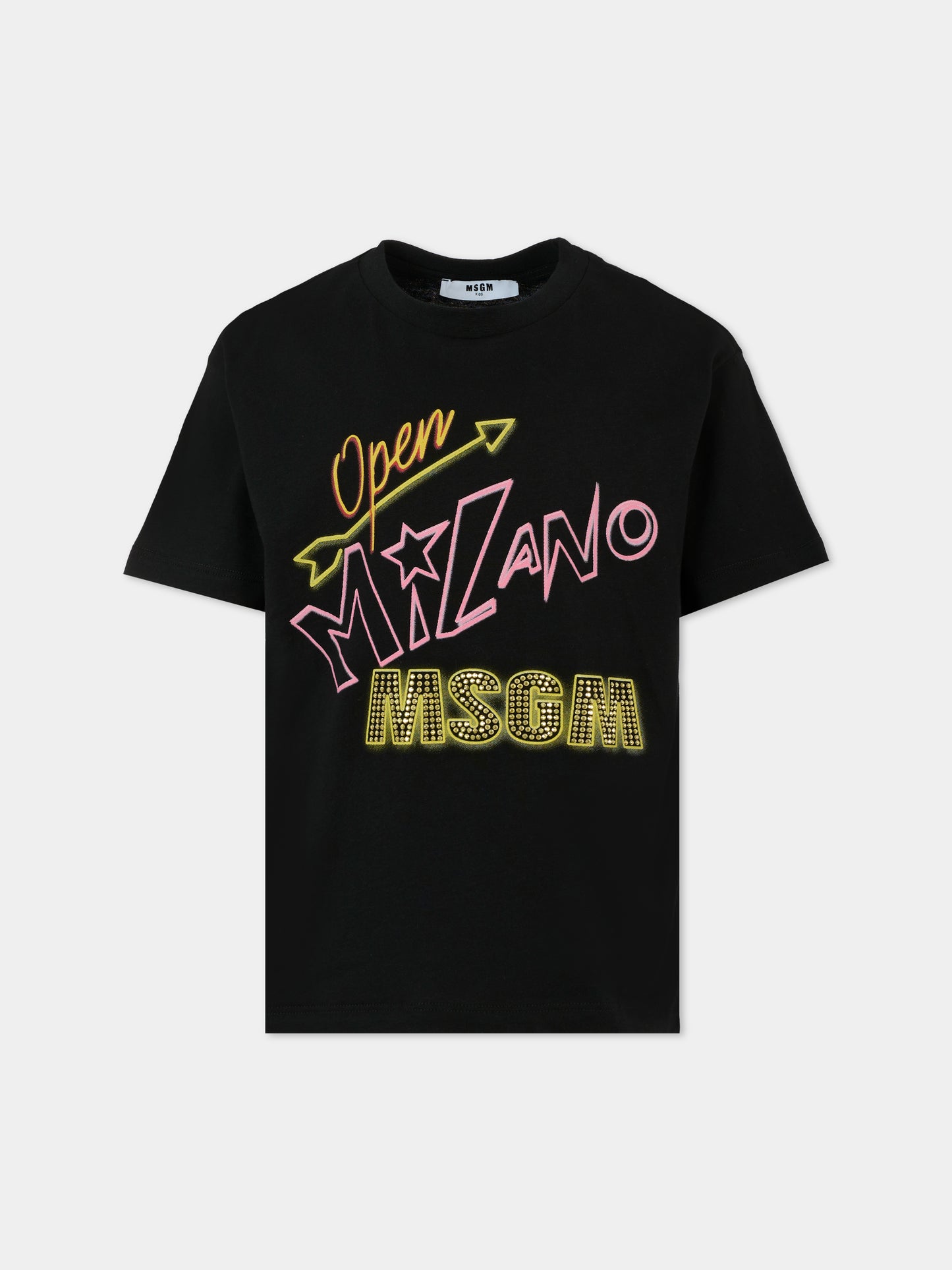 T-shirt nera per bambina con logo e borchie,Msgm Kids,F5MSJGTH154 110