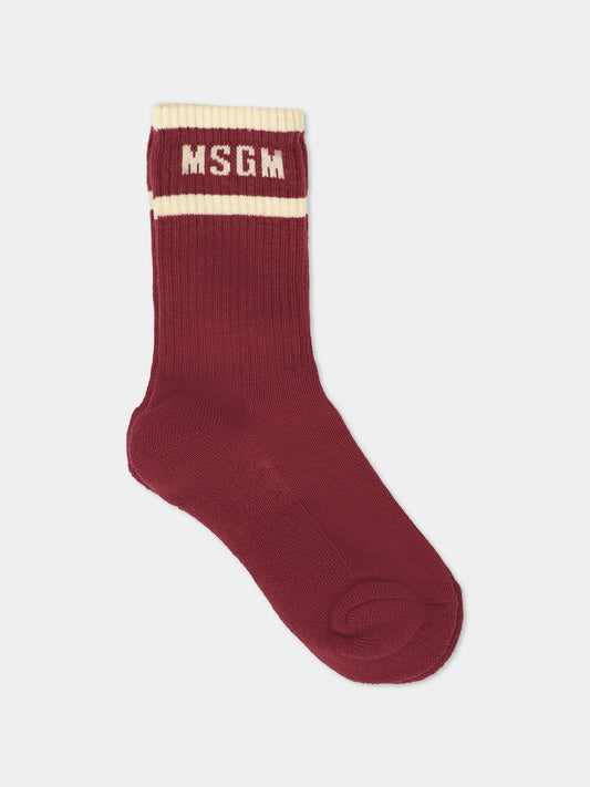 Calze bordeaux per bambini con logo avorio,Msgm Kids,F5MSJUSO278 MS034
