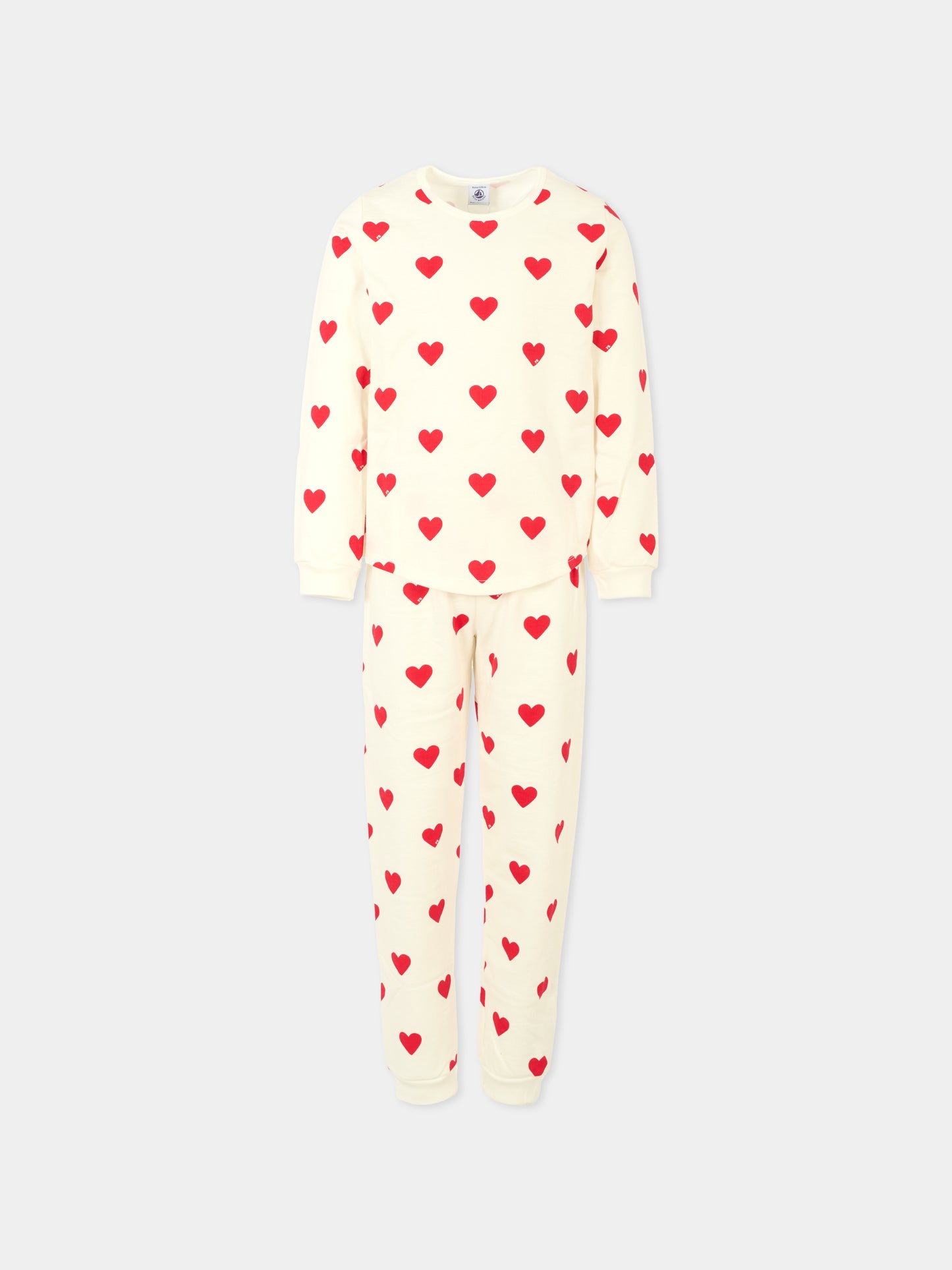 Pigiama bianco per bambina con cuori rossi,Petit Bateau,A0DO0 02