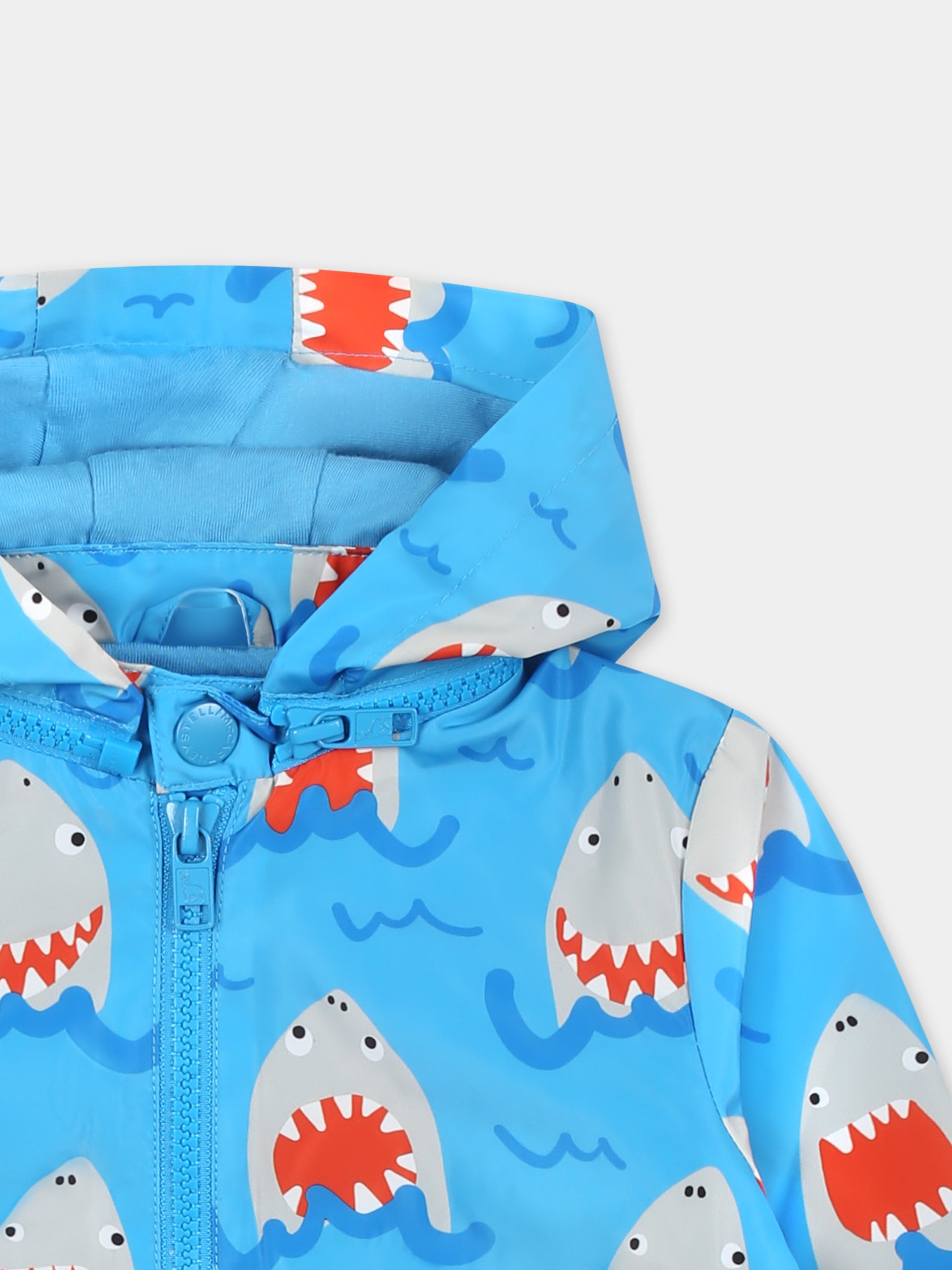 Giacca a vento blu per neonato con squalo all over,Stella Mccartney Kids,TU2507 Z1918 644MC