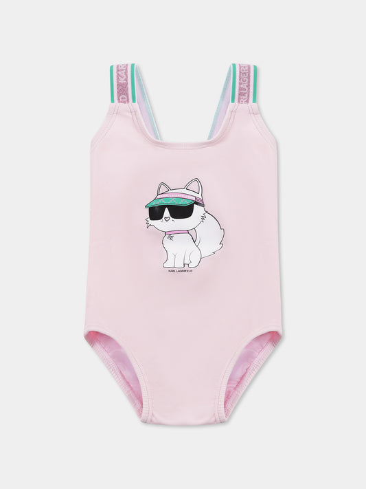 Pink swimsuit for baby girl with Choupette