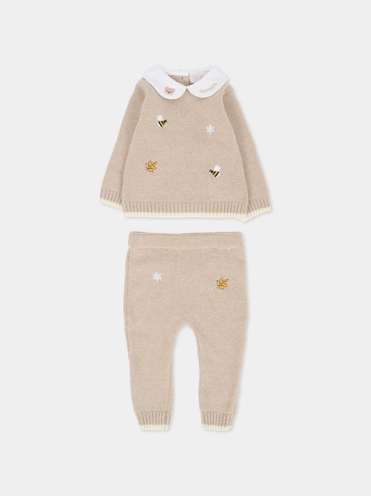 Completo nascita beige per neonati con api ricamate,Nanán,I25010BE